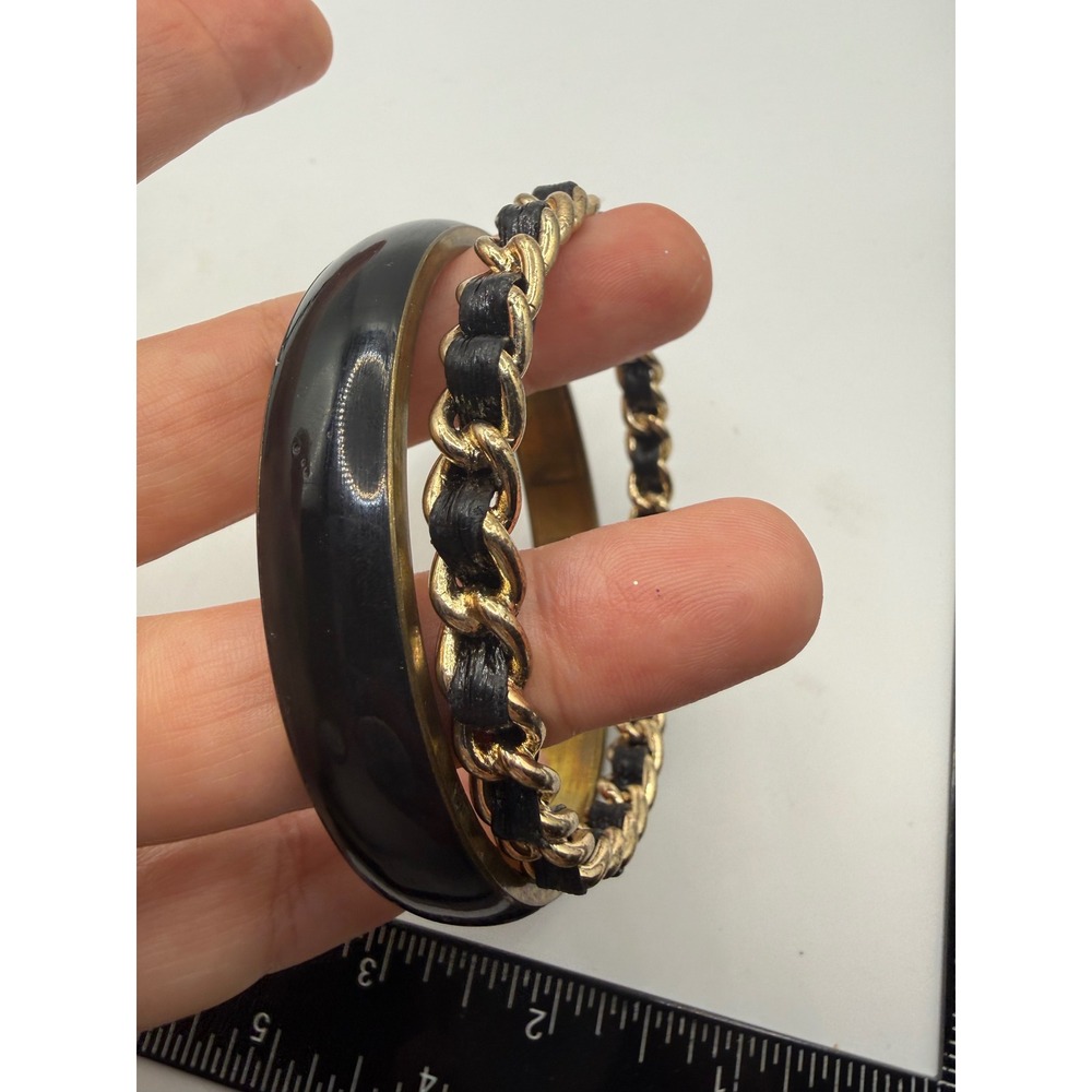Vintage Black Enamel and Gold Tone Chain Link Bangle Bracelet Set 2 Piece